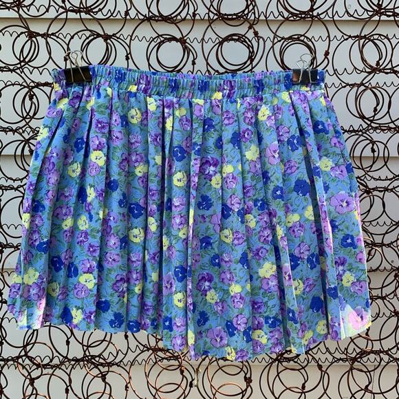 Vintage 90s Leslie Faye blue purple pansy floral pleated skirt & blouse set 12P - Picture 2 of 7